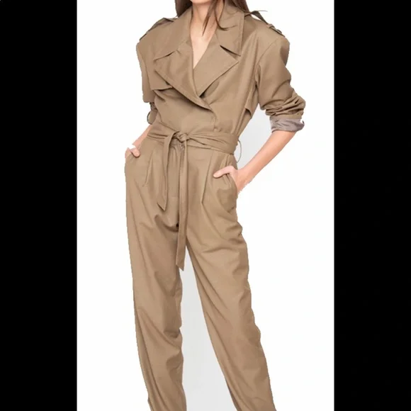 The Frankie Shop padded shoulder trench Jumpsuit in Khaki Brown size-Small - Picture 1 of 7